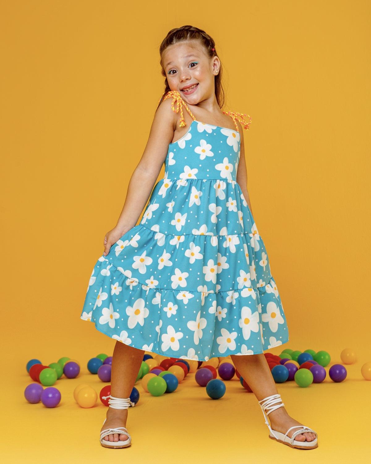 Blue Daisy Dress for Girls, Ages 2-8 – Elegant Floral Design, Comfortable, Ideal for Any Occasion - Rainbow Kids Colors