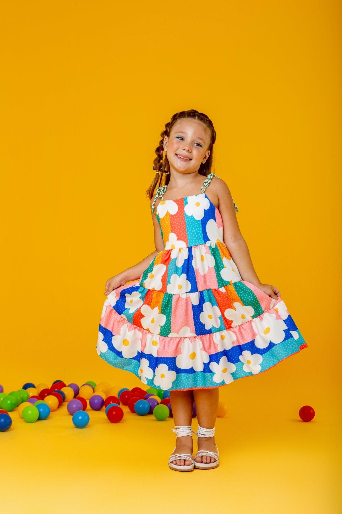 Colorful Daisy Dress for Girls, Ages 2 and 8 – Vibrant Floral Design, Comfortable and Stylish, Perfect for All Occasions - Rainbow Kids Colors