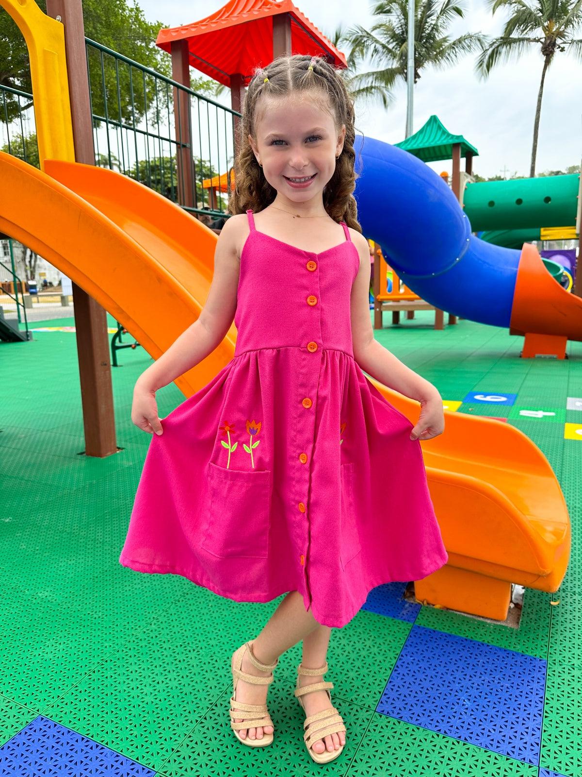 Pink Embroidered Linen Dress for Girls, Ages 4-8 Elegant and Comfort Rainbow Kids Colors Pink Embroidered Linen Dress for Girls, Ages 4-8 Elegant and Comfort Rainbow Kids Colors