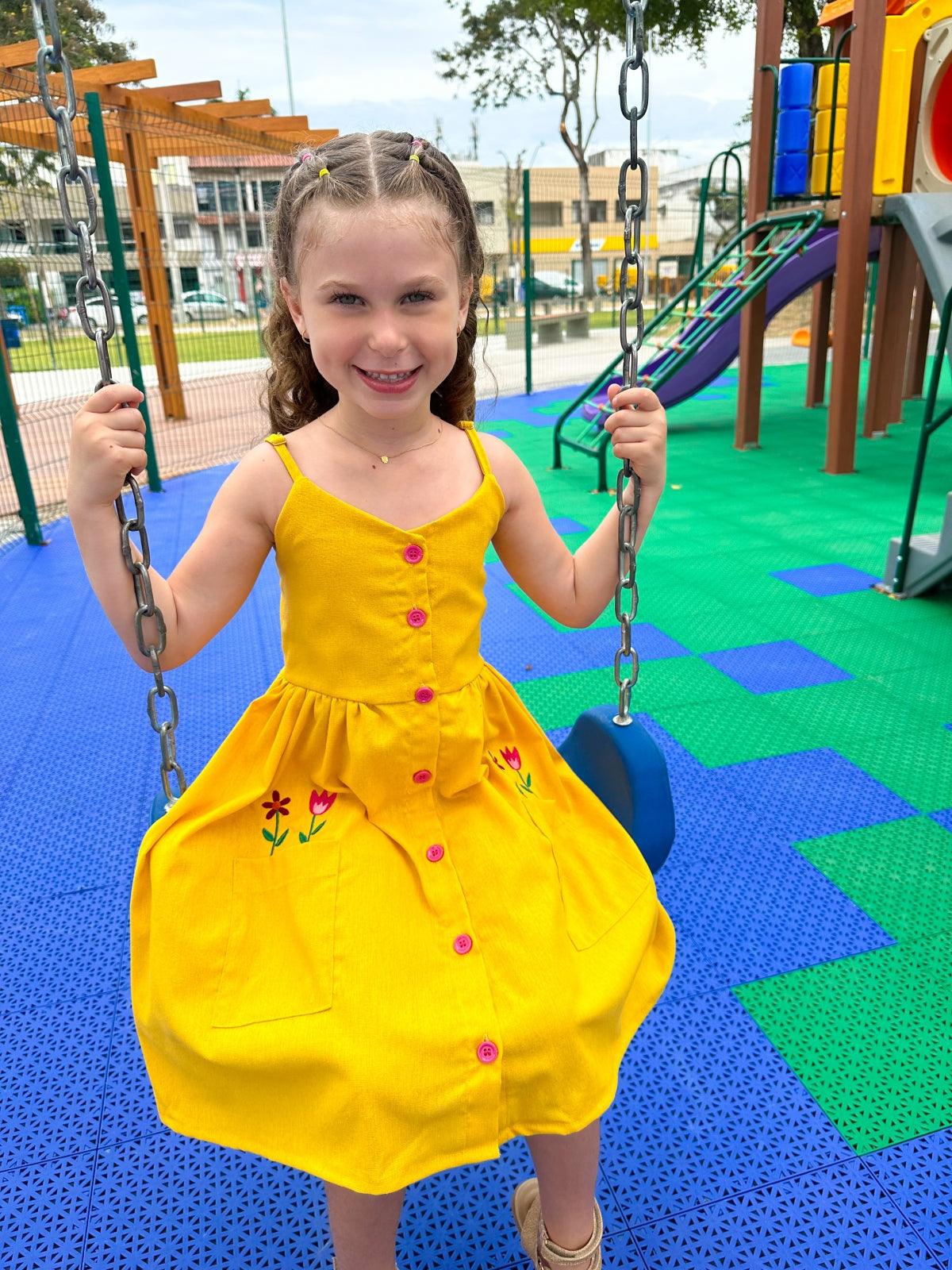 Yellow Embroidered Linen Dress for Girls, Ages 4-8 Elegant and Comfo Rainbow Kids Colors Yellow Embroidered Linen Dress for Girls, Ages 4-8 Elegant and Comfo Rainbow Kids Colors