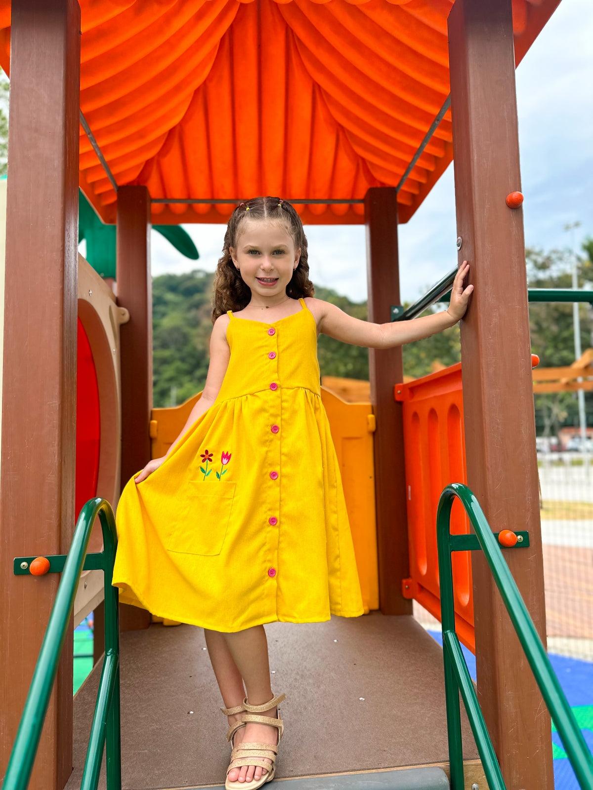 Yellow Embroidered Linen Dress for Girls, Ages 4-8 – Elegant and Comfortable, Perfect for Special Occasions - Rainbow Kids Colors